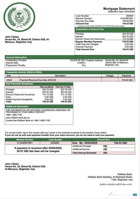 Download Iraq Rafidain Bank mortgage statement Word and PDF template Photoshop template